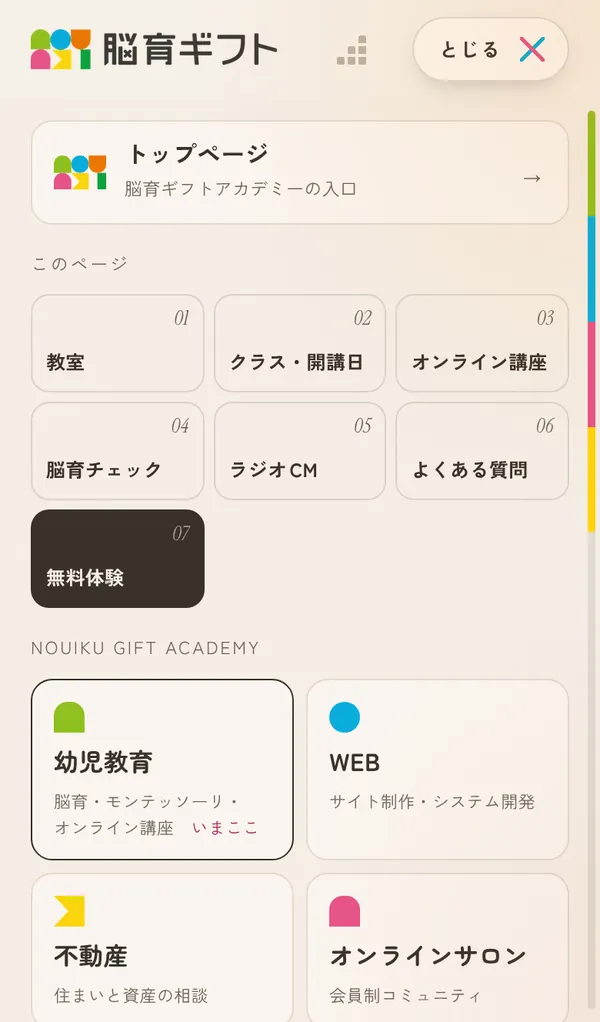 スマホのメニュー。このページの目次が、番号つきの積み木のタイルで並ぶ