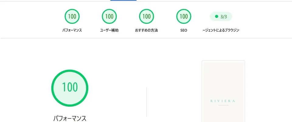 PageSpeed Insights mobile result for the RIVIERA site: Performance, Accessibility, Best Practices and SEO all 100