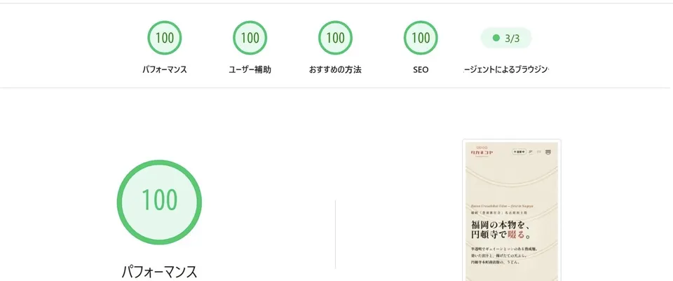 PageSpeed Insights mobile result for the Takanekoya site: Performance, Accessibility, Best Practices and SEO all 100